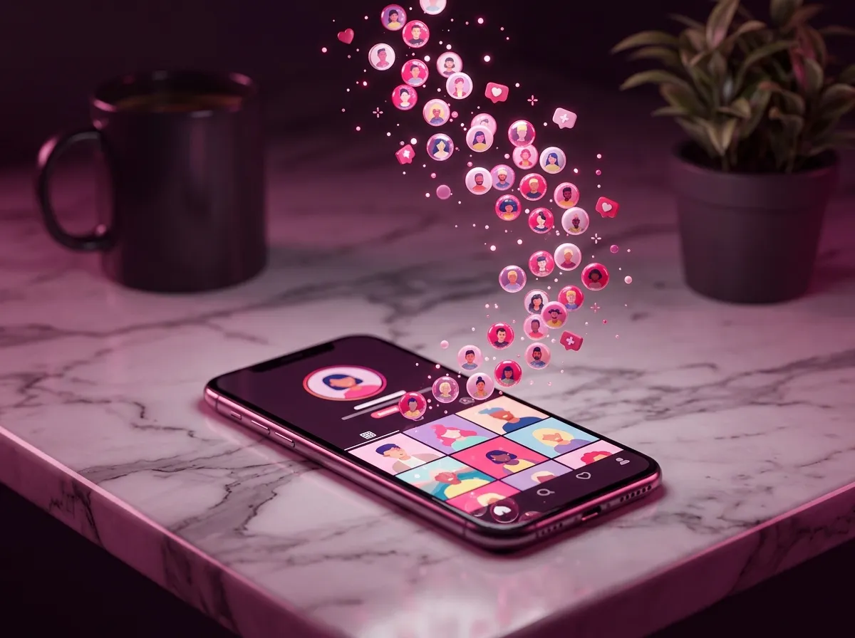 Instagram profile grid on a phone with a growing follower number