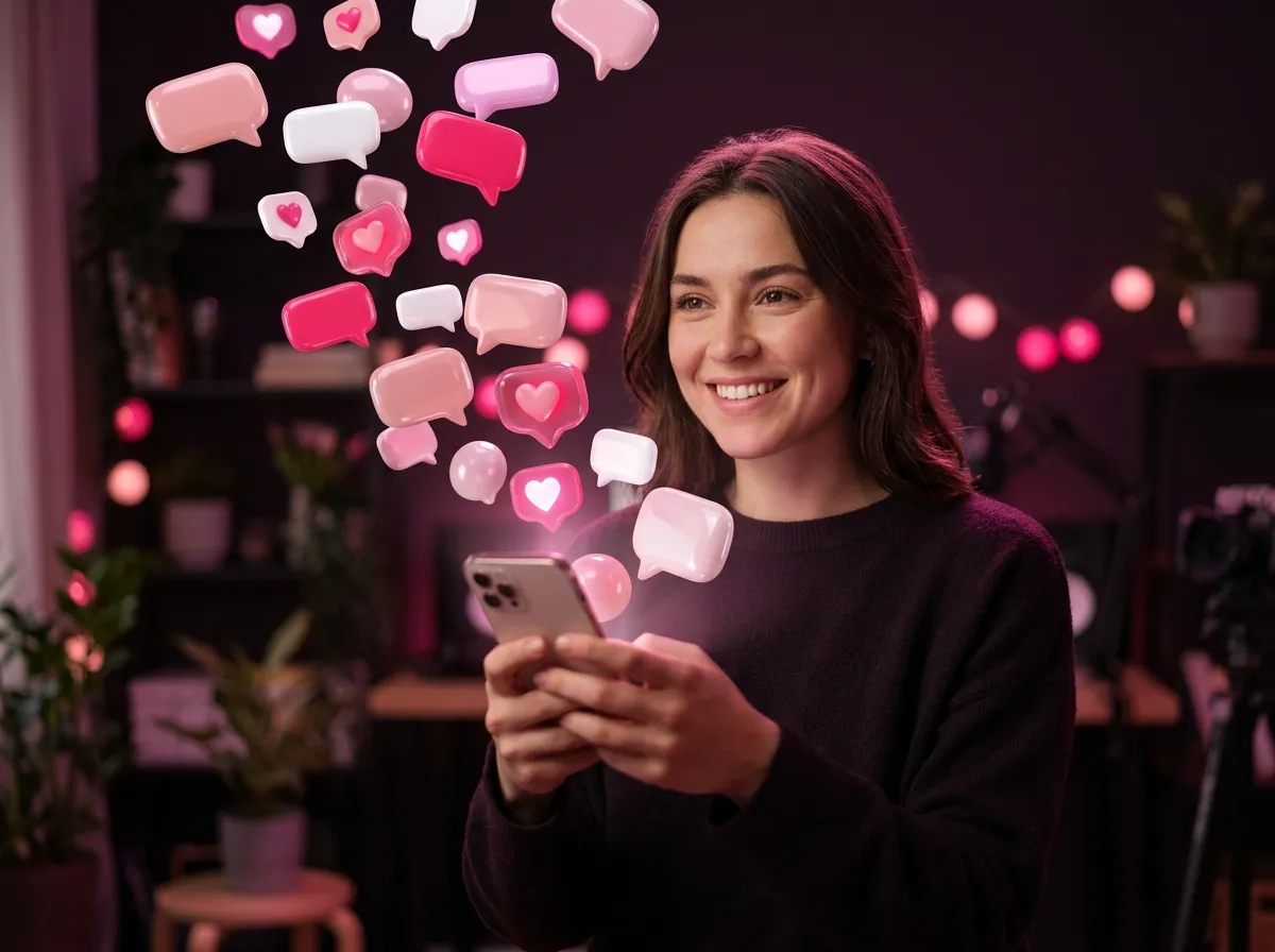 Phone screen with chat bubbles rising from a TikTok video